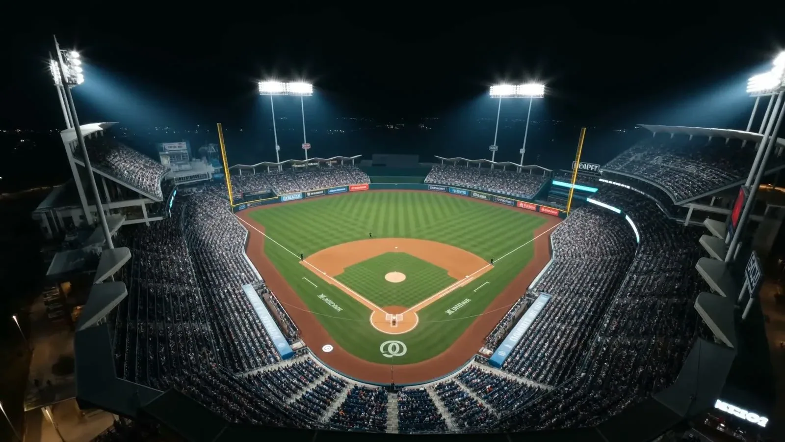 Baseball stadium at night under floodlights, seen from above